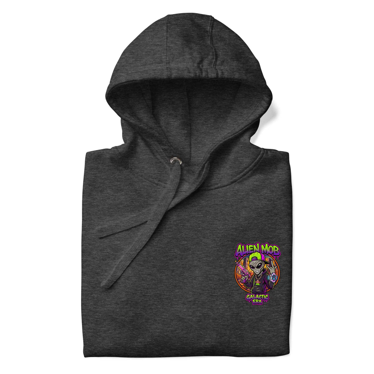 A dark charcoal hoodie folded neatly on a white background, featuring a colorful graphic print on the left chest with the text 'ALIEN MOB' and 'GALACTIC ERA