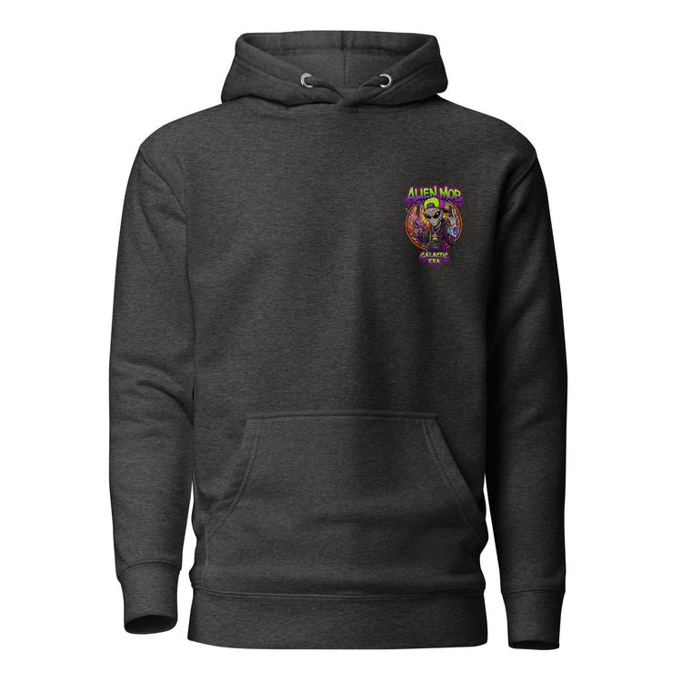 Dark charcoal hoodie with an alien mob logo and text on the chest against a white background