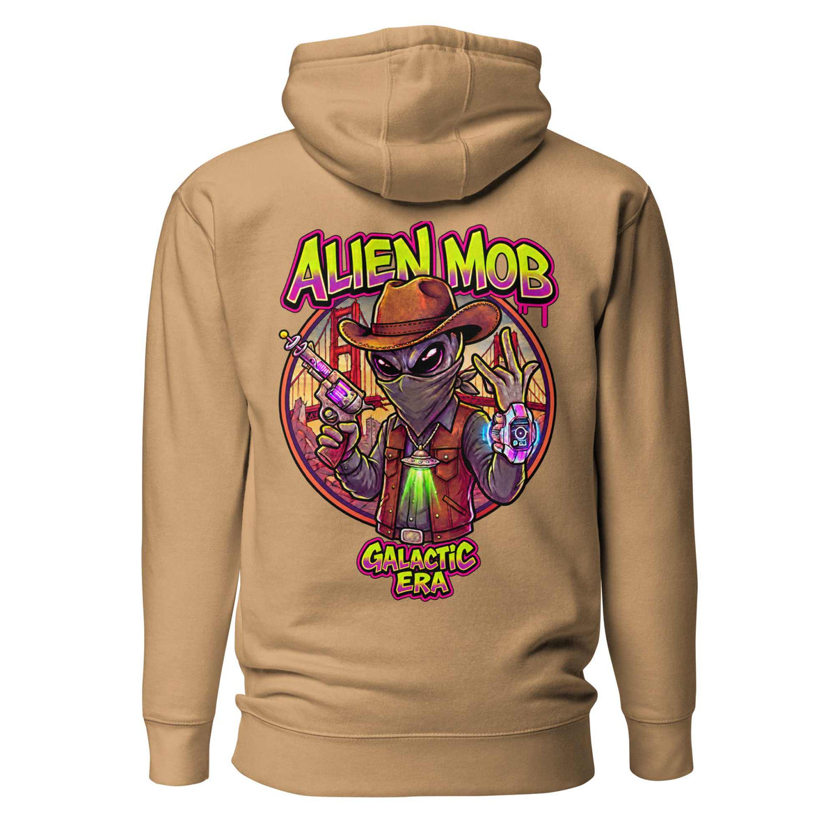  Alien Mob cowboy outlaw design on the back of a Khaki color hoodie pullover on a white background