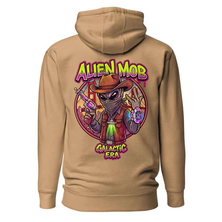  Alien Mob cowboy outlaw design on the back of a Khaki color hoodie pullover on a white background