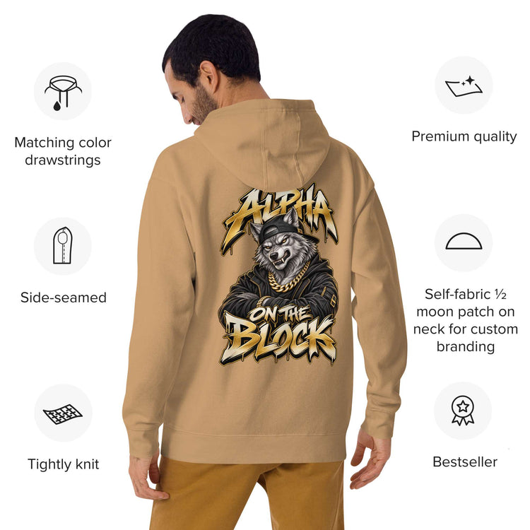 Man wearing a beige hoodie with wolf' graphic on the back, surrounded by product features.