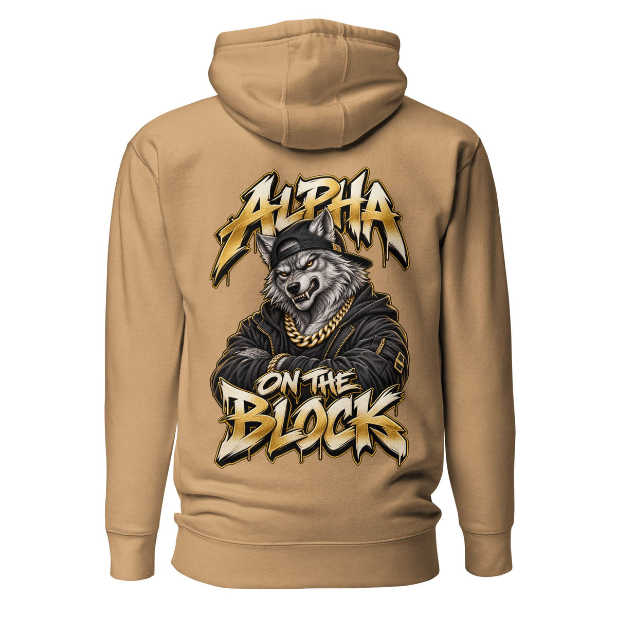 A tan hoodie shown from the back, featuring a large graphic print of a wolf wearing a black cap and gold chain, with the text 'ALPHA ON THE BLOCK' in a stylized gold and black font.