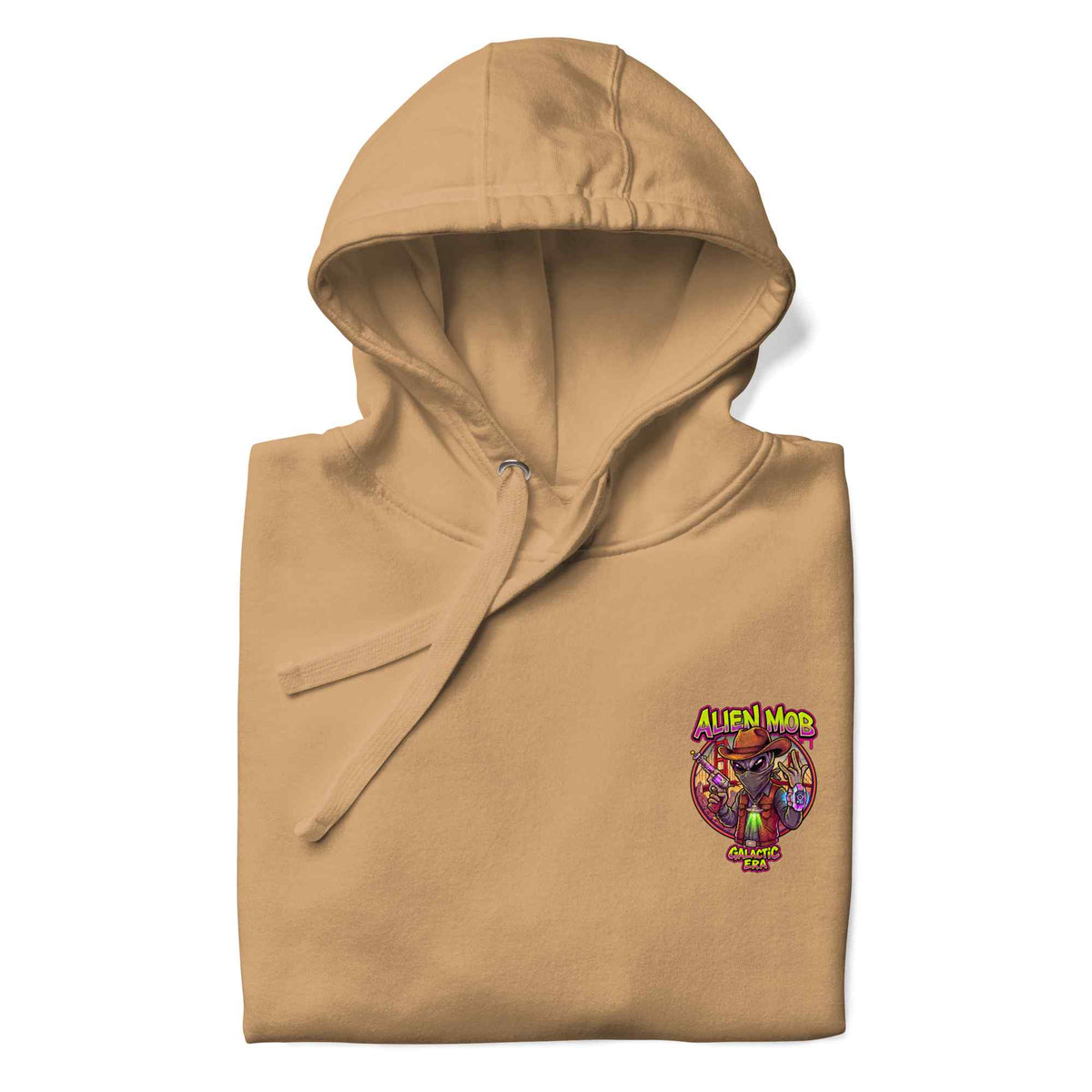 half fold khaki hoodie with a logo on the left side chest of an alien mob cowboy outlaw