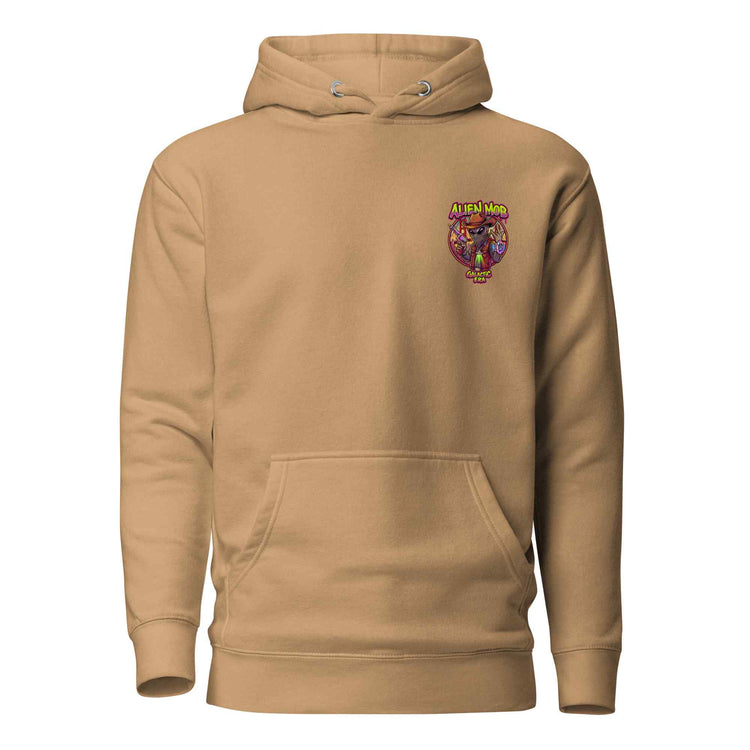 Alien Mob Logo on the left side chest  on a Khaki color  hoodie pullover on a white background front view