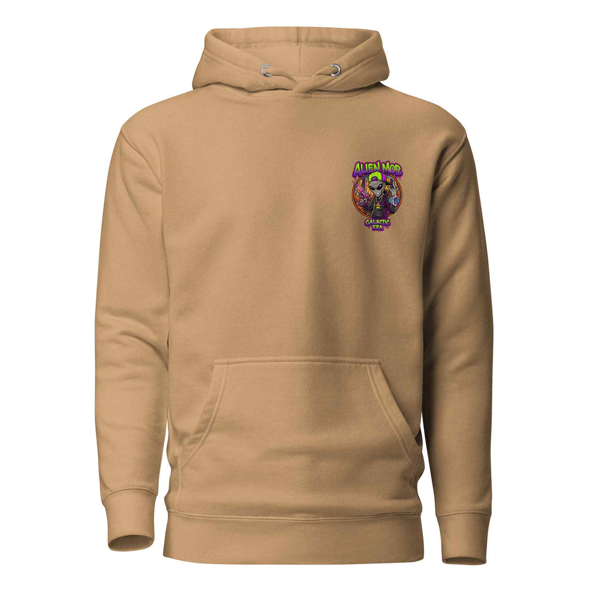 A khaki color pullover hoodie with a small colorful  alien mob logo graphic on the left chest featuring a cartoon character 