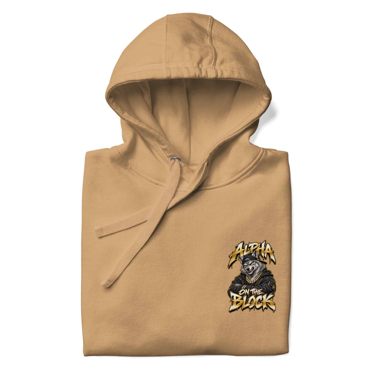 A folded tan hoodie with a small graphic on the left chest featuring a wolf and the text 'Alpha on the Block' in yellow and black, shown on a white background.