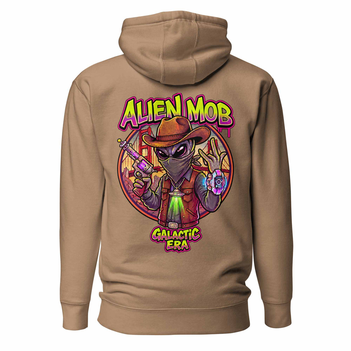  Alien Mob cowboy outlaw design on the back of a latte color  hoodie pullover on a white background