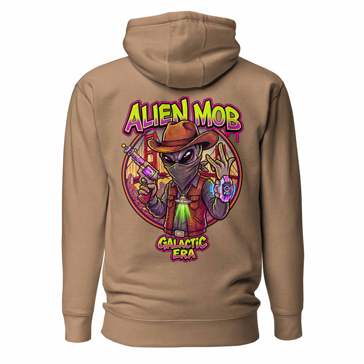  Alien Mob cowboy outlaw design on the back of a latte color  hoodie pullover on a white background