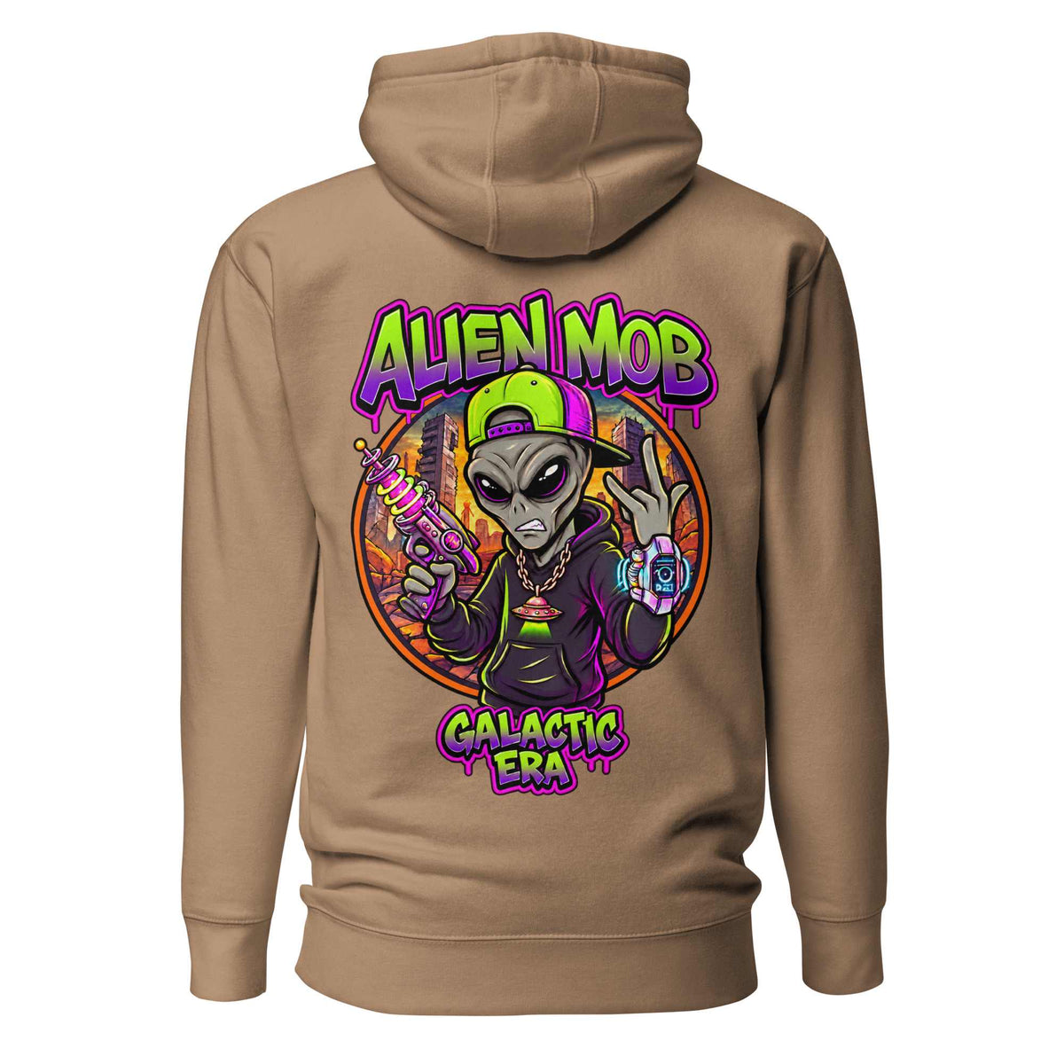 A latte color pullover hoodie shown from the back, featuring a large colorful graphic of an alien holding a gun with the text 'ALIEN MOB GALACTIC ERA' in purple and green.
