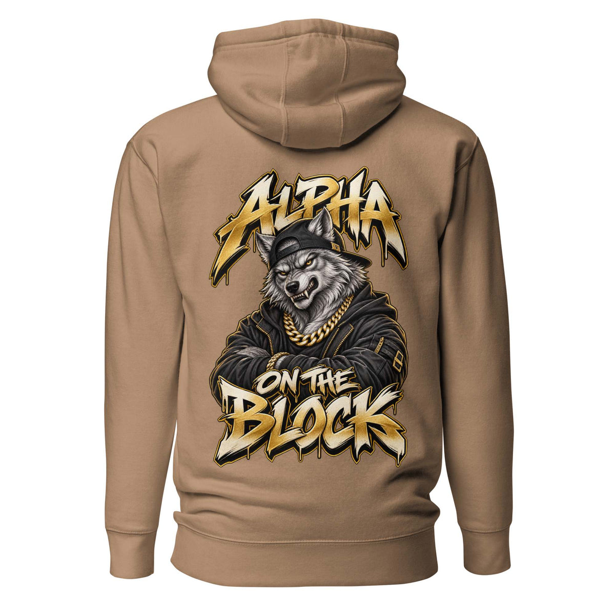 A tan pullover hoodie shown from the back, featuring a large graphic print of a wolf wearing a black cap and gold chain with the text 'ALPHA ON THE BLOCK' in a stylized gold and black font.