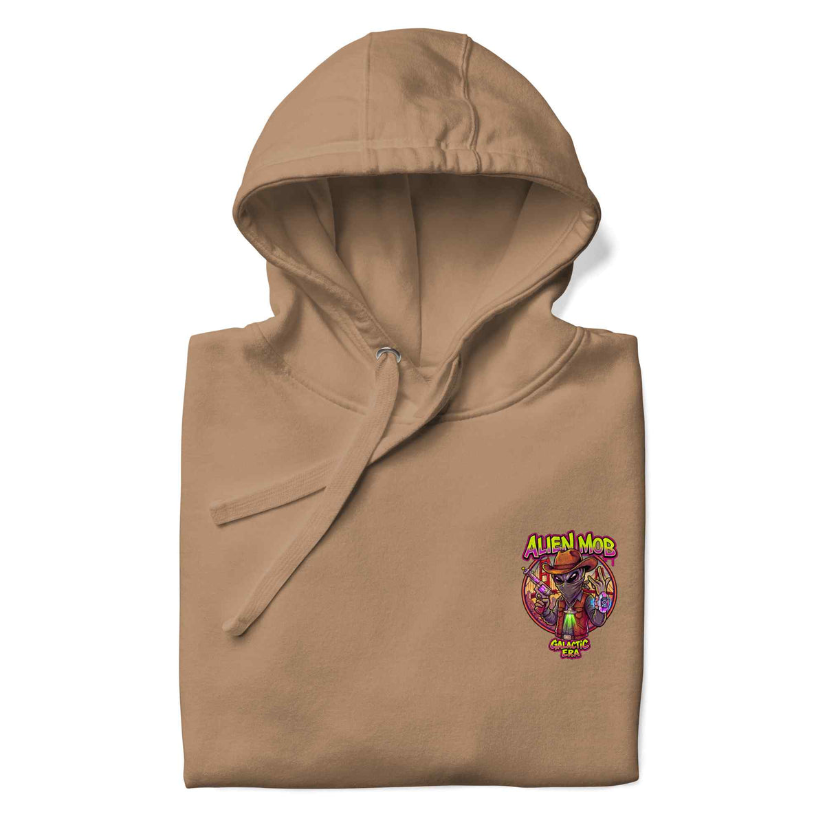 half fold latte hoodie with a logo on the left side chest of an alien mob cowboy outlaw