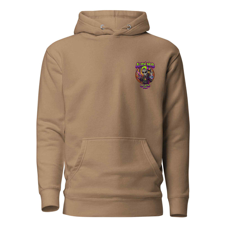 a latte color hoodie with an alien mob logo on the chest against a white background