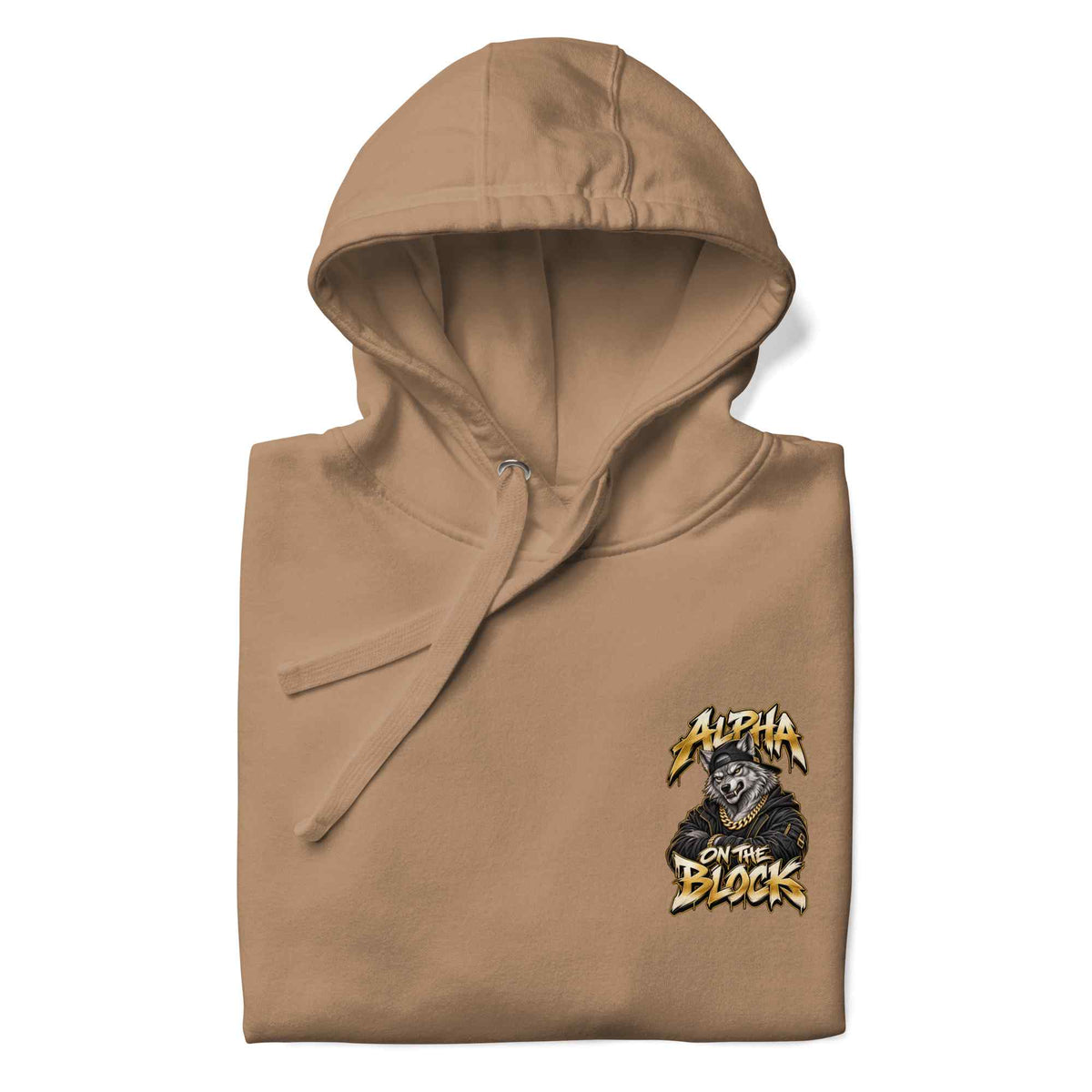 A folded tan hoodie with a small chest graphic reading 'Alpha on the Block' featuring a wolf illustration, shown on a plain white background.