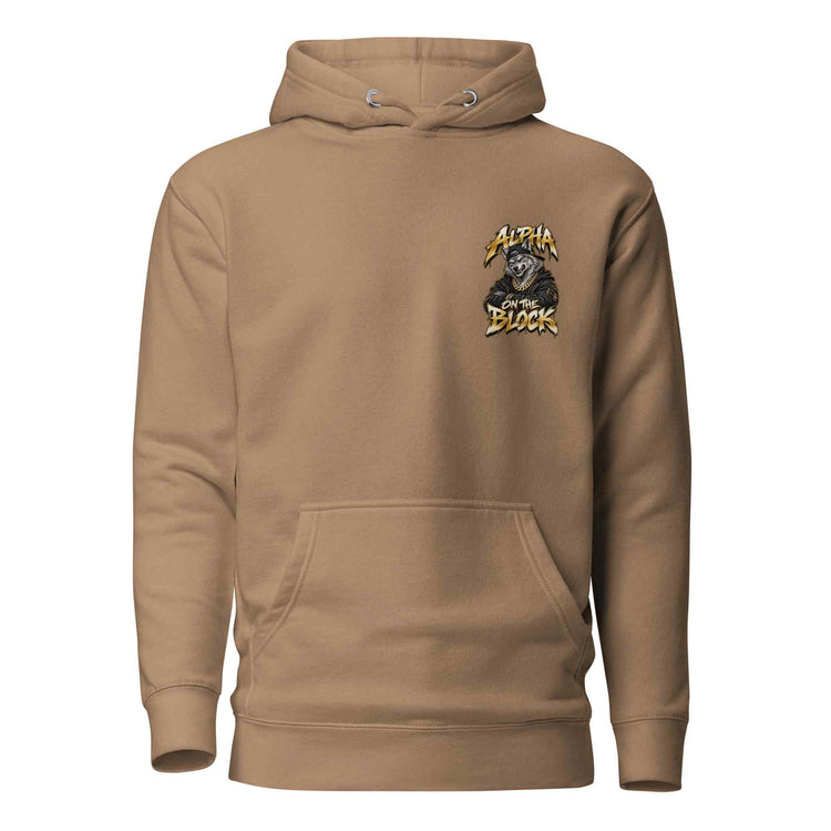 A tan pullover hoodie with a small chest graphic featuring the text 'Alpha On Block' and a wolf illustration, shown on a plain white background.