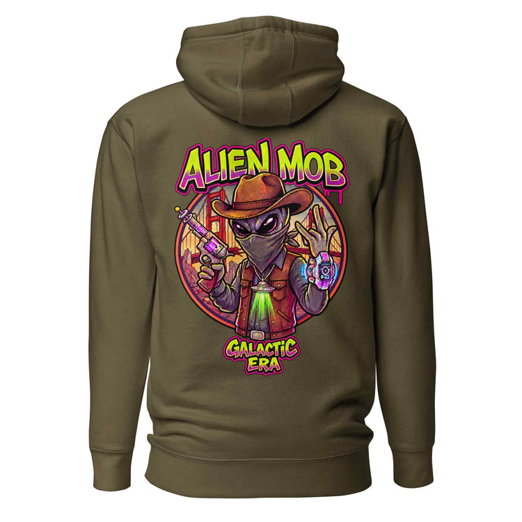  Alien Mob cowboy outlaw design on the back of a military color hoodie pullover on a white background