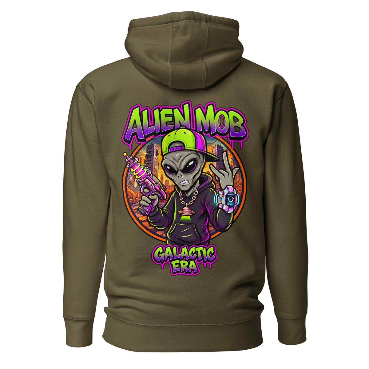 A military color hoodie shown from the back, featuring a large colorful graphic of an alien holding a gun with the text 'ALIEN MOB GALACTIC ERA' in neon purple and green.