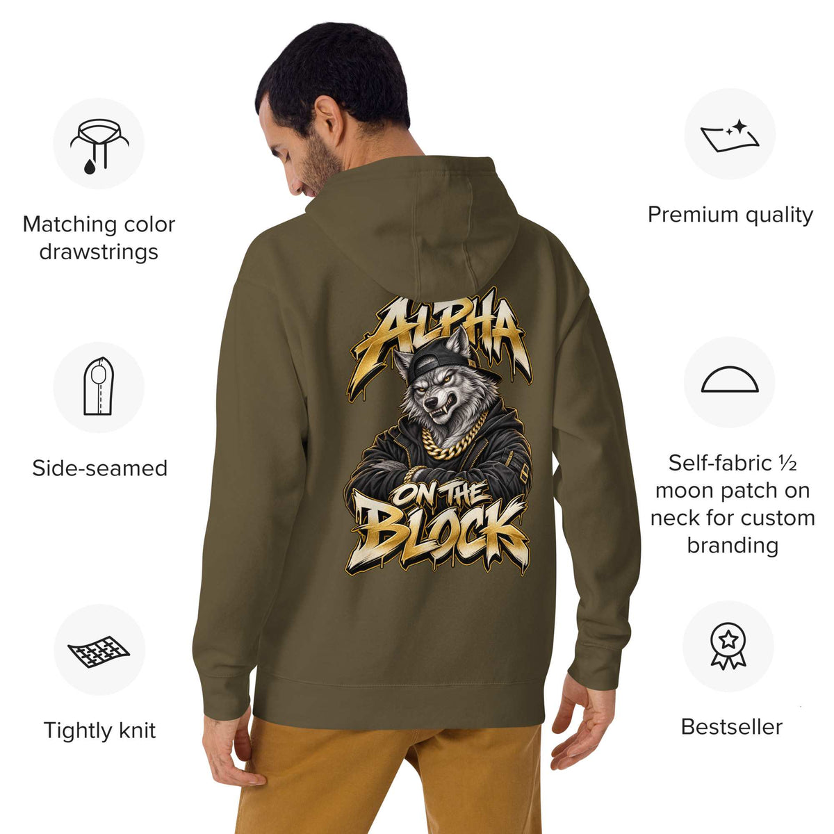Maroon hoodie with graphic  wolf design on the back, displayed on a man, with product features listed around him.