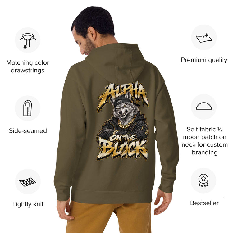 Maroon hoodie with graphic  wolf design on the back, displayed on a man, with product features listed around him.