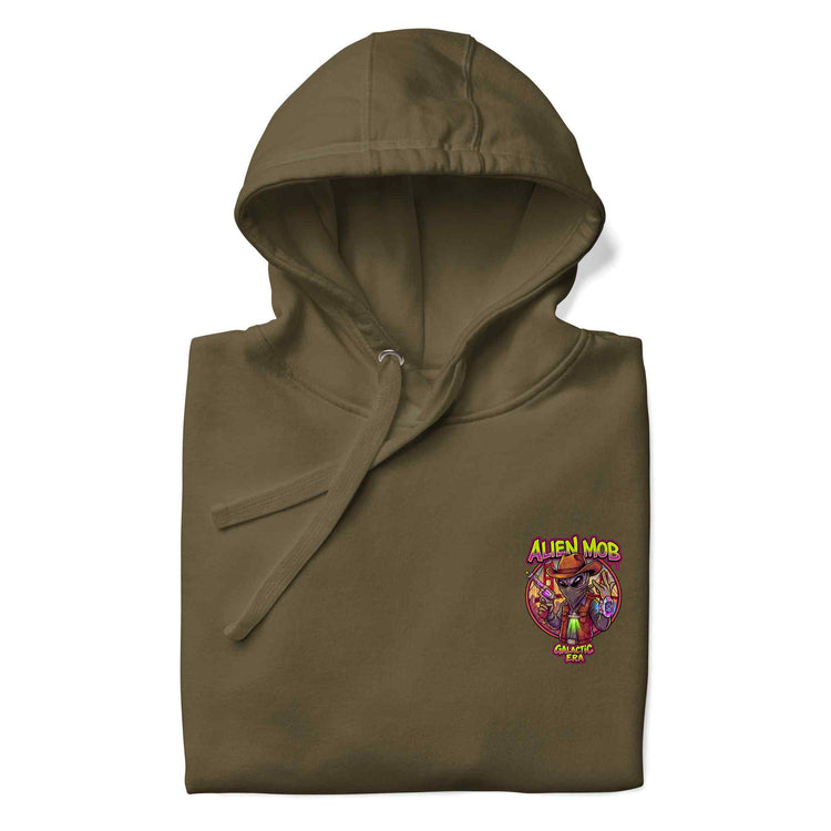 half fold military hoodie with a logo on the left side chest of an alien mob cowboy outlaw