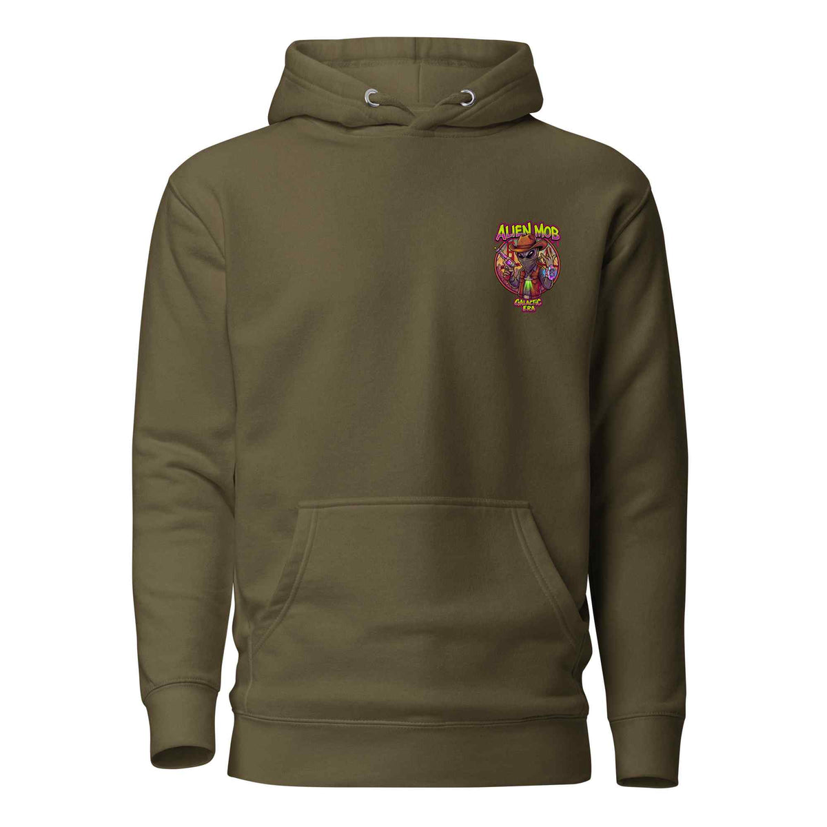Alien Mob Logo on the left side chest  on a Military color hoodie pullover on a white background front view