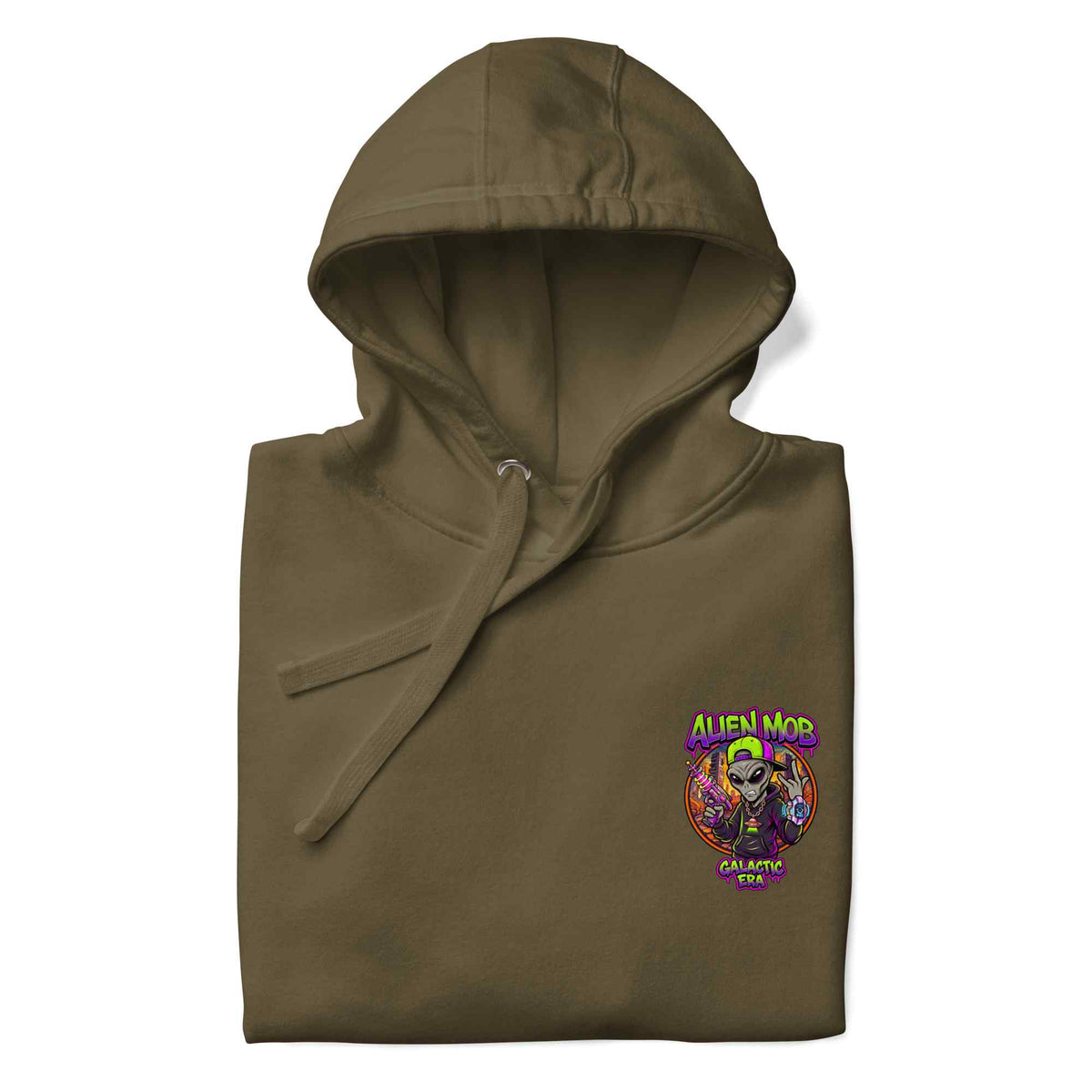 A military color  folded hoodie with a colorful alien mob logo graphic on the left chest, displayed on a clean white background.
