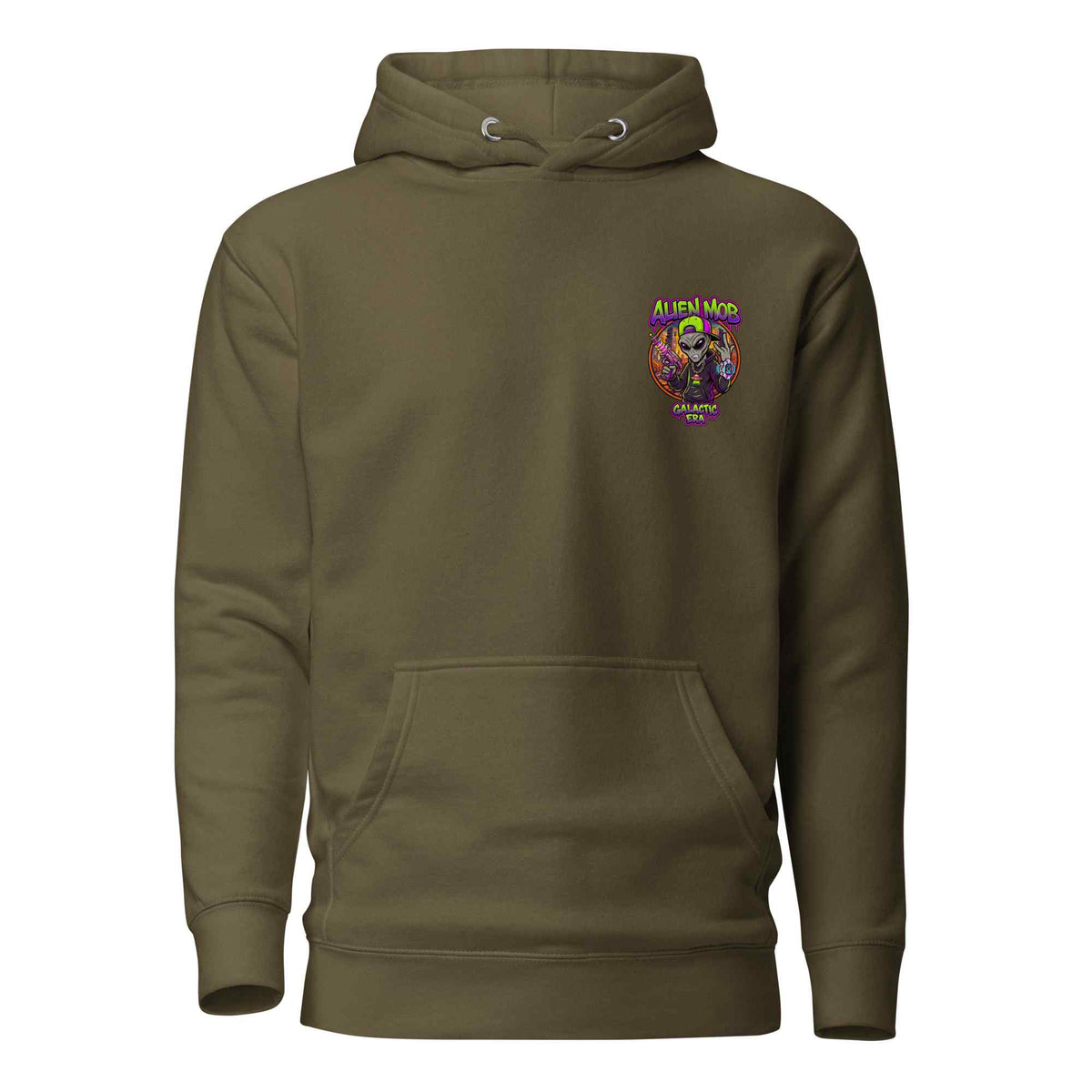 A military color  pullover hoodie with a small colorful graphic on the left chest featuring cartoon characters and the text 'Alien mob 