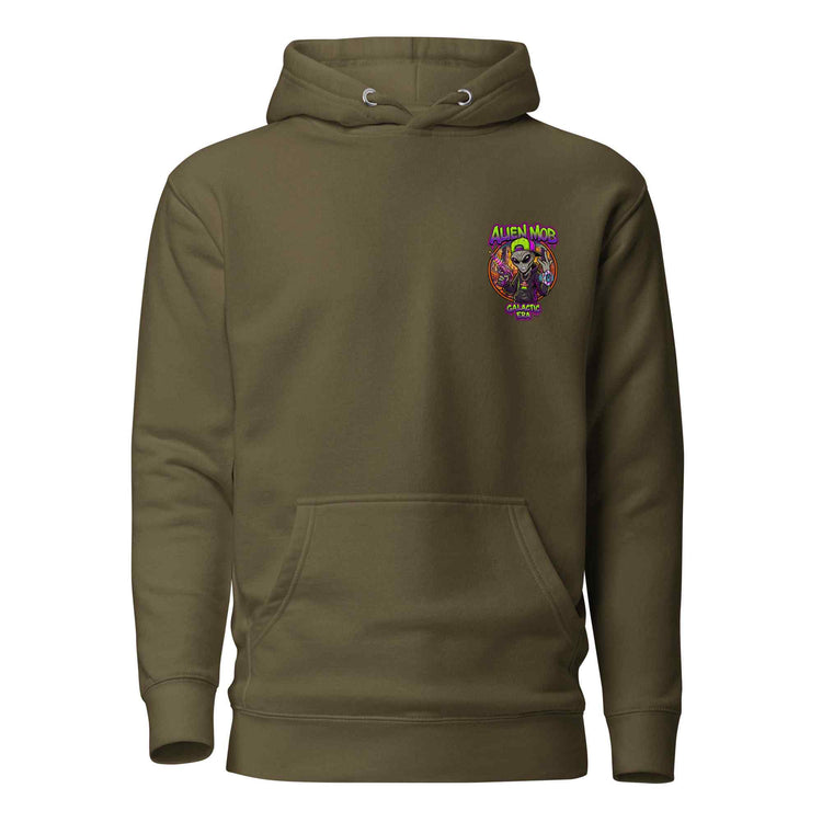 A military color  pullover hoodie with a small colorful graphic on the left chest featuring cartoon characters and the text 'Alien mob 