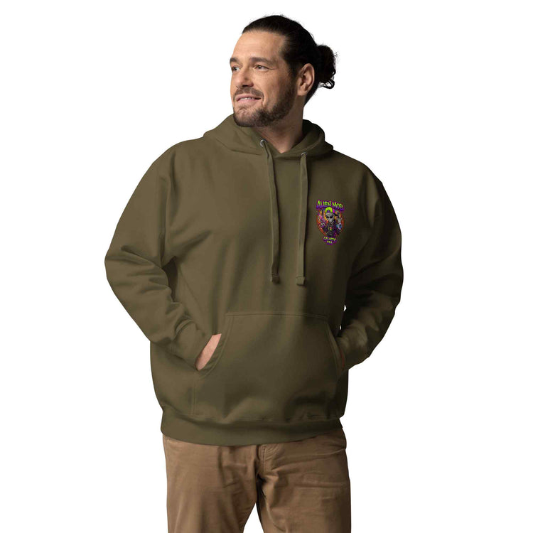 Man wearing a military color hoodie with an alien mob logo on the left side chest on a white background