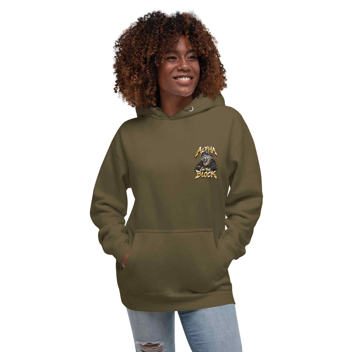 A black women with brown curly hair wearing a green hoodie with an Alpha on the block ' text left side chest  on a white background