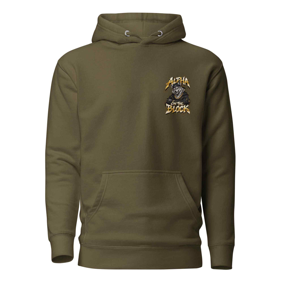 An olive green pullover hoodie with a small graphic logo on the left chest featuring a wolf and the text 'Alpha Wolf Block' in yellow and white. The hoodie is shown against a plain white background.