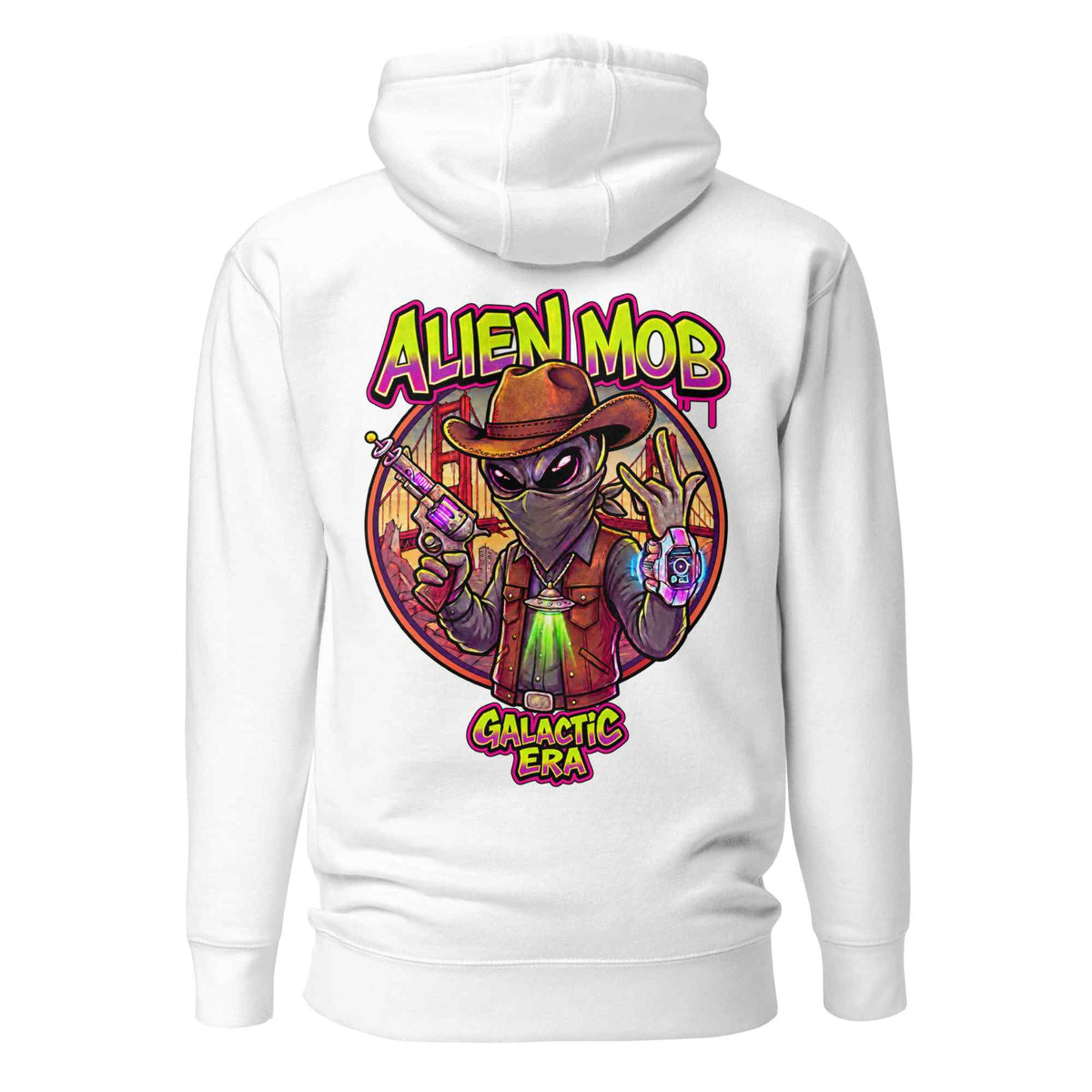  Alien Mob cowboy outlaw design on the back of a White hoodie pullover on a white background