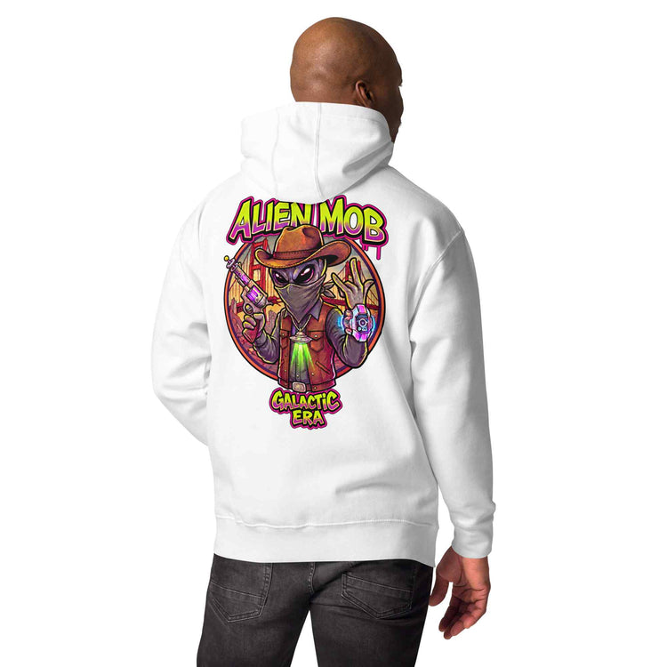 man wearing a white hoodie with custom design alien mob cowboy outlaw print on the back of pullover hoodie paired with black jeans on a white background back view
