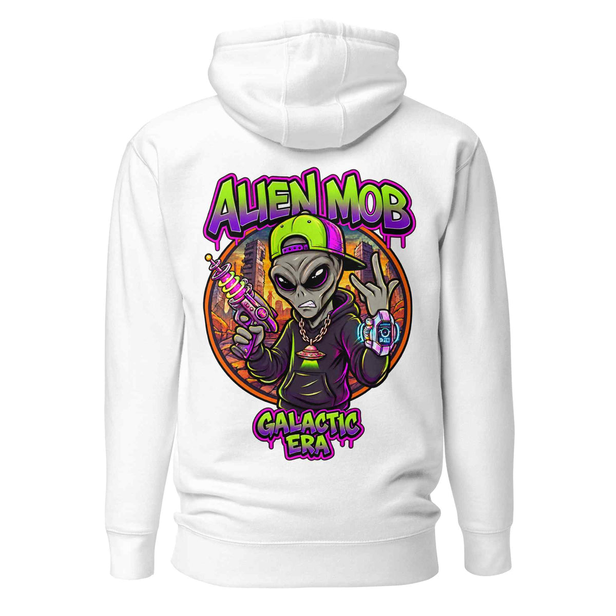 White pullover hoodie shown from the back, featuring a large colorful graphic print of an alien holding a gun with the text 'ALIEN MOB' above and 'CALACTIC ERA' below.