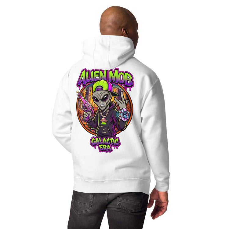 A man shown from the back wearing a white pullover hoodie with a large colorful graphic on the back. The graphic features the text 'ALIEN MOB' and 'GALACTIC ERA' with an illustrated alien in a purple suit holding a pink drink, set against a plain white background.