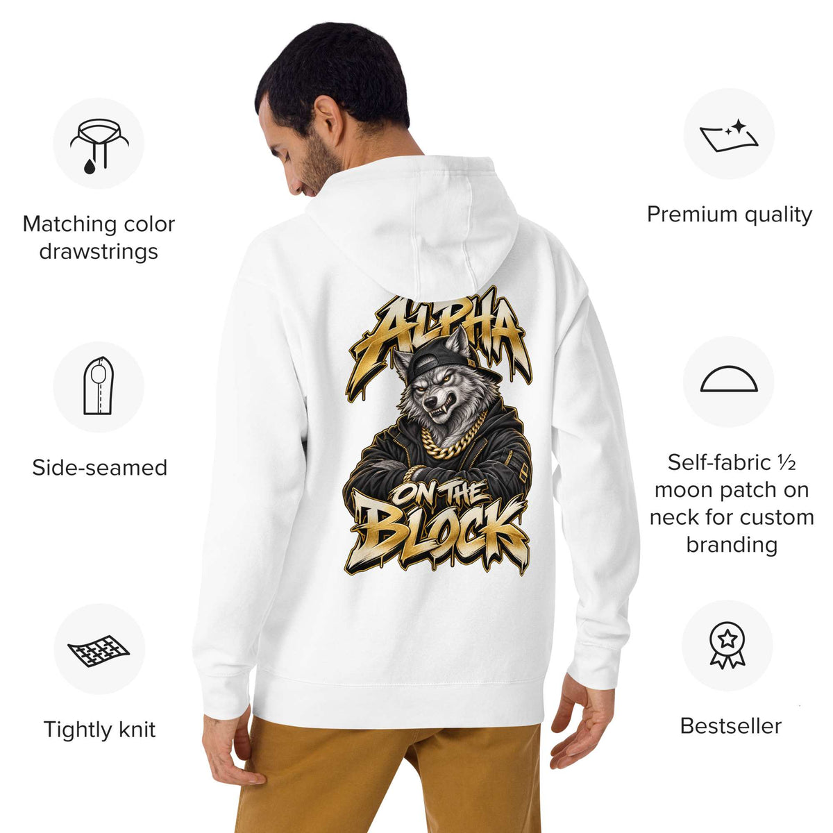 A man shown from the back wearing a white hoodie with a large graphic print of a wolf and the text 'Alpha on the Block' in yellow and black. The image includes feature callouts around the model on a white background.