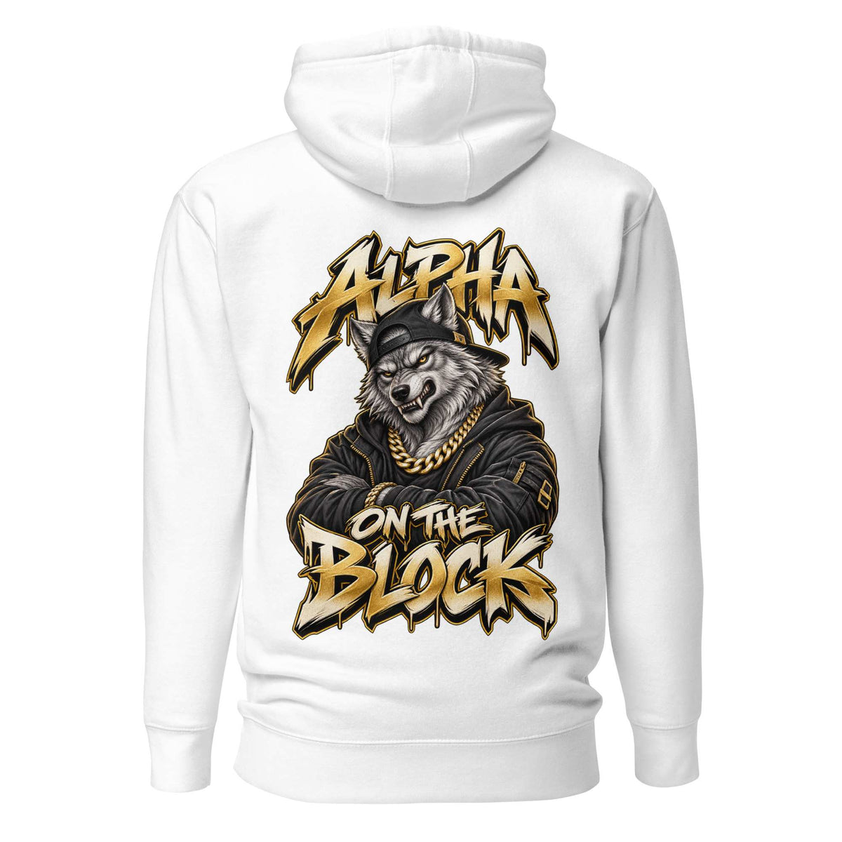 White pullover hoodie shown from the back, featuring a large graphic print of a wolf wearing a cap and gold chain with the text 'ALPHA ON THE BLOCK' in a stylized gold and black font.