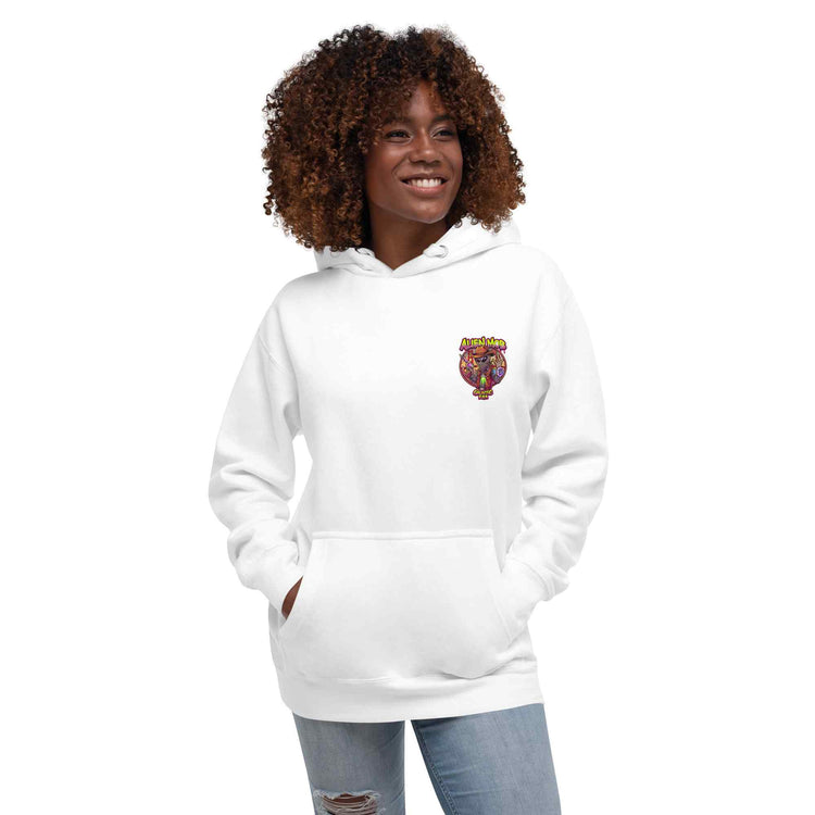 woman wearing a white hoodie with alien mob cowboy outlaw logo on the left side chest paired with blue jeans on a white background front view