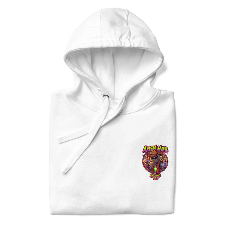 half fold white hoodie with a logo on the left side chest of an alien mob cowboy outlaw