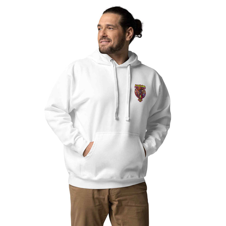 man wearing a white color hoodie with a logo on the left side chest of a design alien mob cowboy outlaw paired with khaki jeans on a white background front view