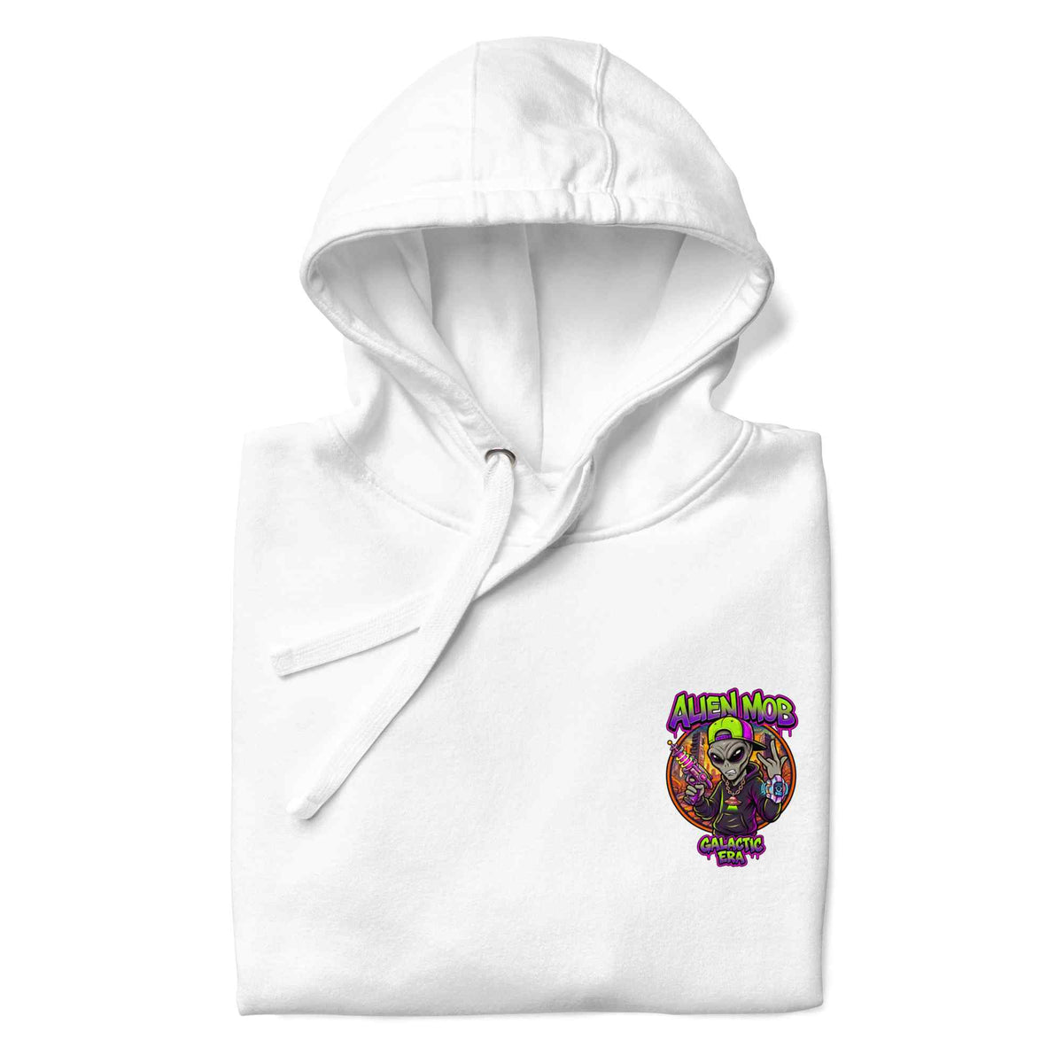 A folded white hoodie with drawstrings, featuring a colorful graphic print on the left chest with the text 'ALIEN MOB and a hip hop alien character.
