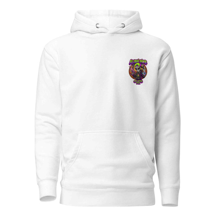 White hoodie with an alien mob logo design on a white background