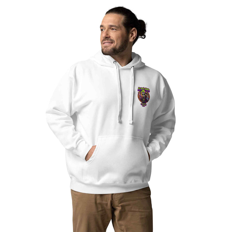 A man wearing a white pullover hoodie with a colorful alien mob logo graphic on the left chest, paired with brown pants, set against a plain white background.