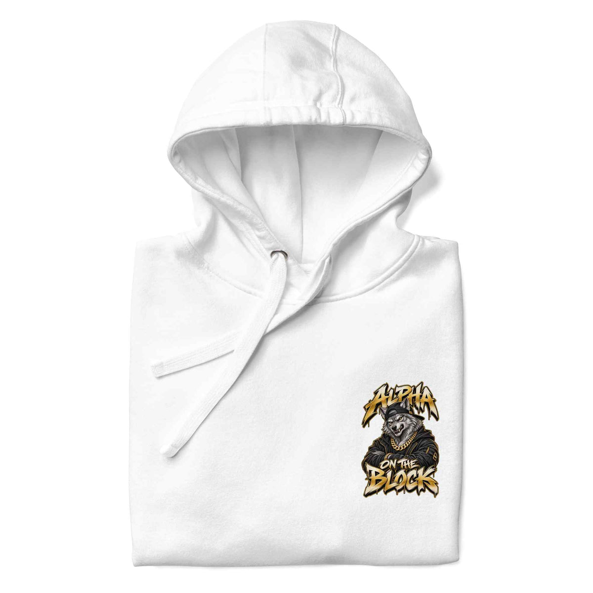 A folded white hoodie with drawstrings, featuring a graphic print wolf on the left chest of a wolf wearing a black hoodie with the text 'ALPHA ON THE BLOCK' in a stylized yellow font. 