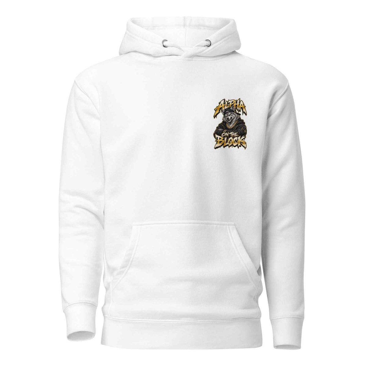 A white pullover hoodie with a small graphic on the left chest showing a wolf and the text 'ALPHA ON THE BLOCK' in yellow and black. The hoodie is displayed on a clean white background.