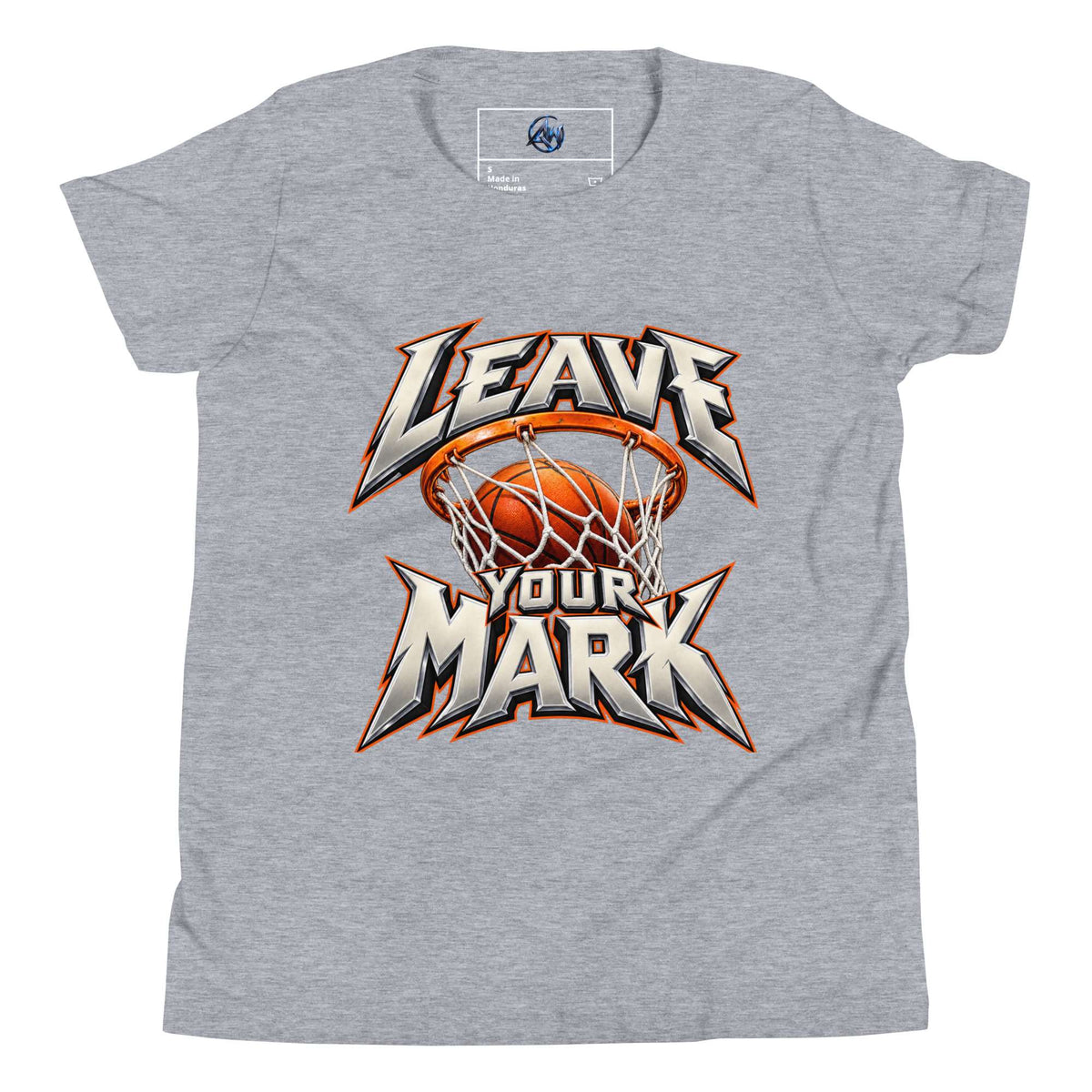 A heather gray short-sleeve t-shirt with a graphic on the front featuring a basketball in a hoop and the text 'LEAVE YOUR MARK' in stylized white, orange, and black lettering.