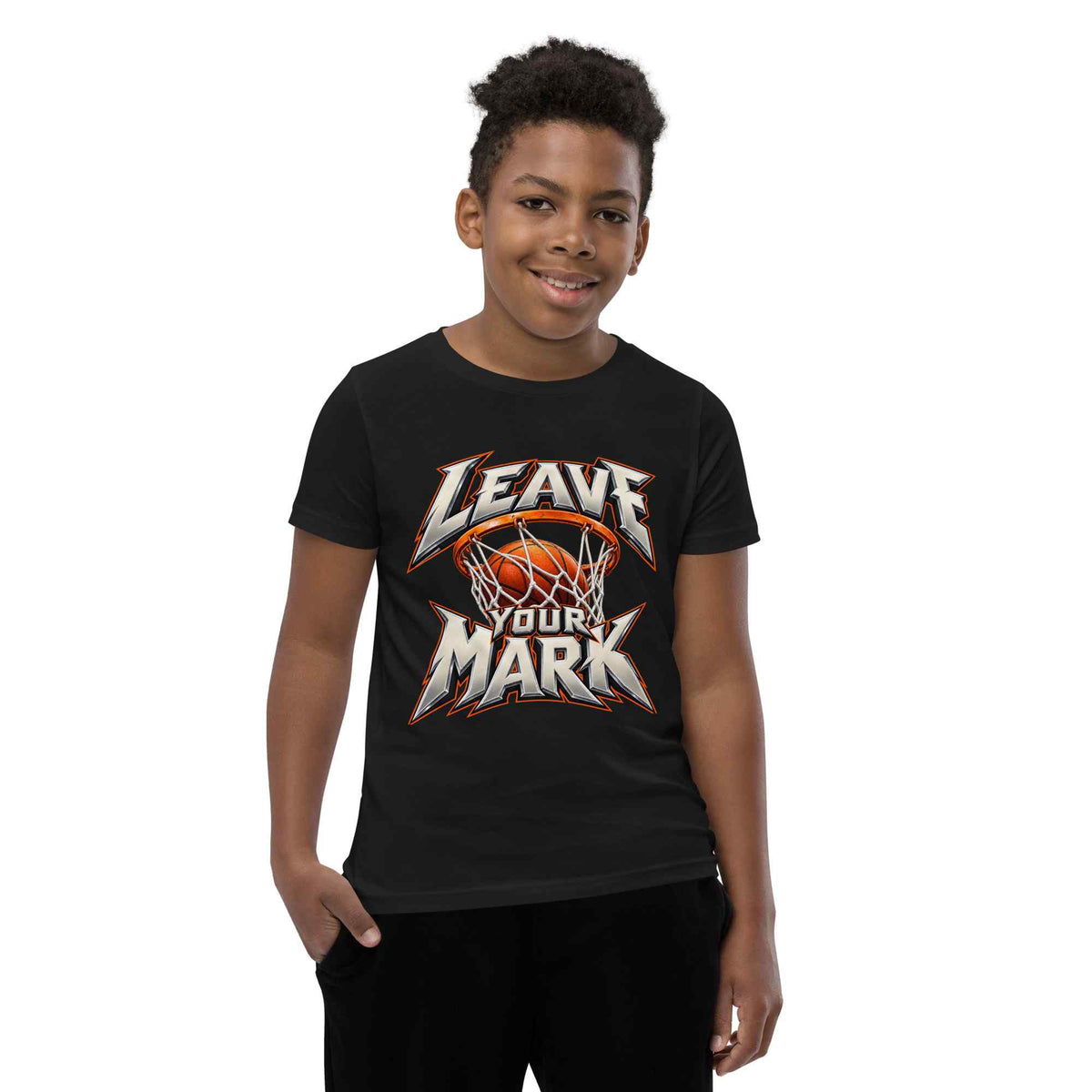 Child wearing a black t-shirt with a text Leave your mark graphic basketball  print  on a white background