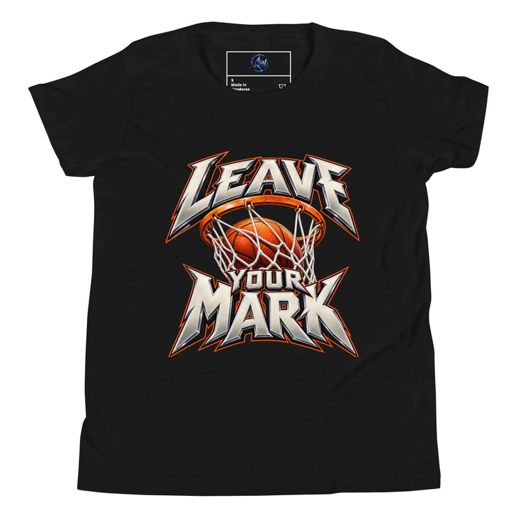 A black short-sleeve t-shirt with a graphic print on the front featuring a basketball in a hoop and the text 'LEAVE YOUR MARK' in stylized white and orange lettering.