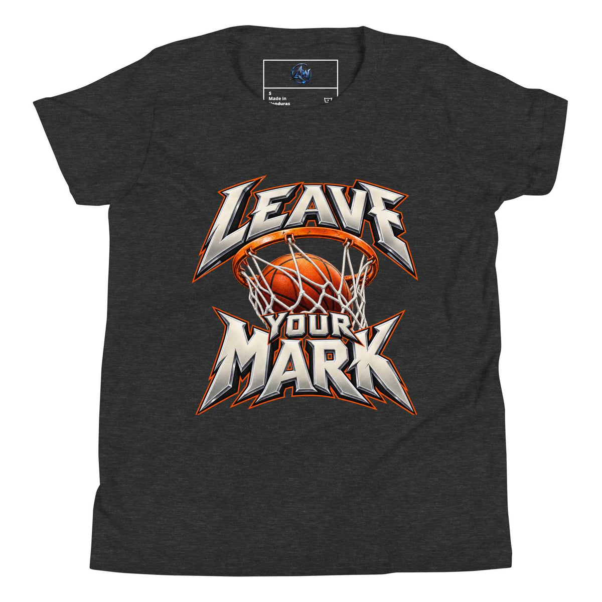 A dark heather gray t-shirt featuring a customizable basketball graphic with the text 'LEAVE YOUR MARK' in white and orange, surrounding a basketball and hoop.