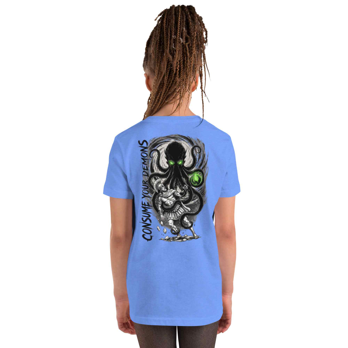 A child model shown from the back wearing a light blue t-shirt with a large black and gray octopus graphic and green eyes on the back, set against a plain white background.