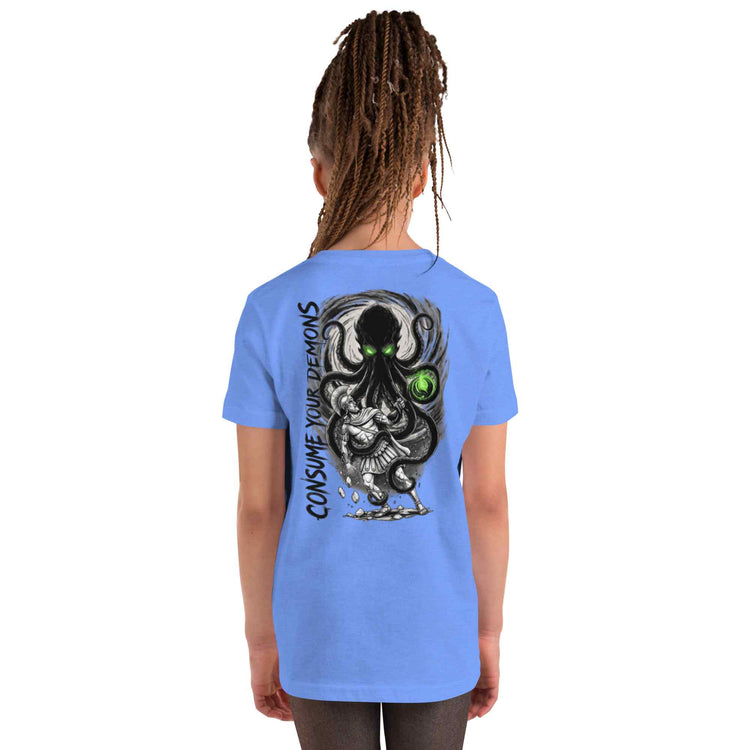 A child model shown from the back wearing a light blue t-shirt with a large black and gray octopus graphic and green eyes on the back, set against a plain white background.
